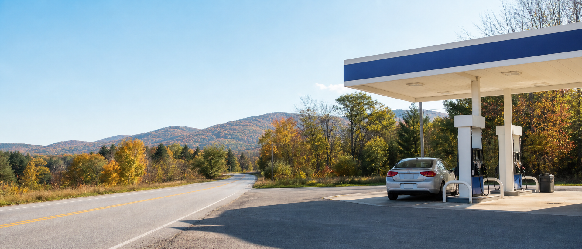 A gas station beside a wooded Western Massachusetts road